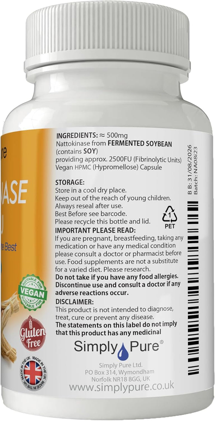Nattokinase Capsules for Heart Health | 500Mg (2500 FU) per Capsule X 90 | 100% Pure | Gluten Free | GM Free | Vegan | HACCP Certified