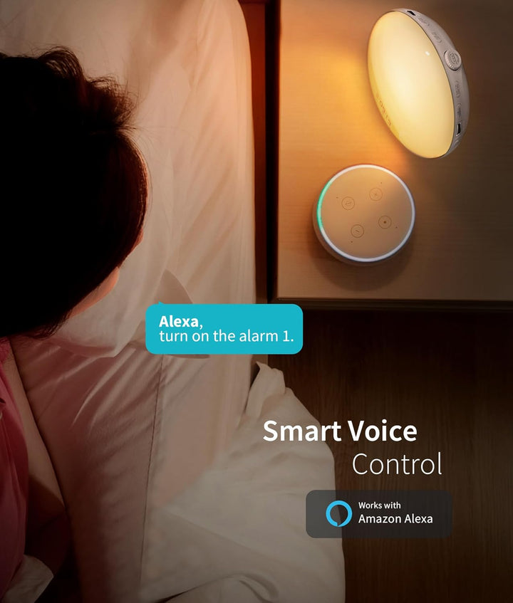 Sunrise Alarm Clock, White Noise Machine, Sunrise/Sunset Simulation, App&Voice of Alexa Control, 4 Alarms&Snooze, 17 Color Lights 22 Sleep Sounds, Bluetooth Wake up Light for Heavy Sleeper/Kid