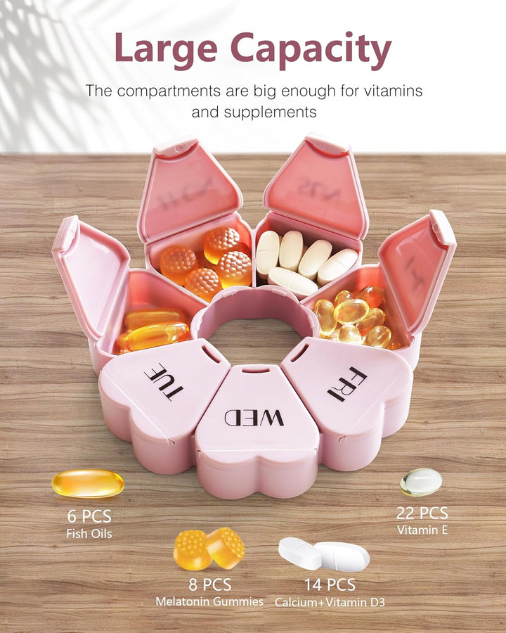 Weekly Pill Organiser, Cute, 7 Day, Large Compartments, Portable Tablet Box, Round, Vitamin and Supplement Case (Pink)