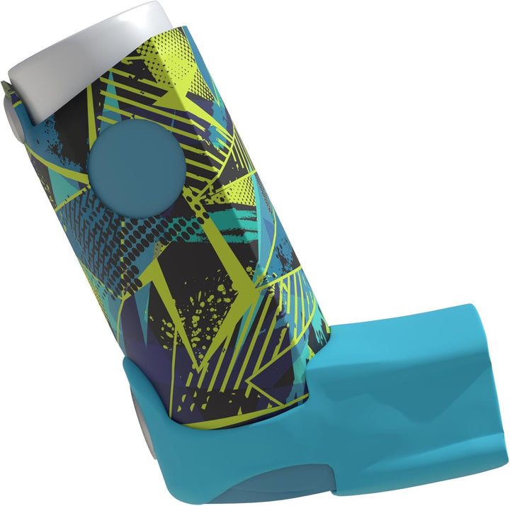 Sport Collection of Inhaler Cases – for Ventolin and Shorter Style Inhalers – Vegan Leather Case for Kids and Adults – Handmade in England (Neon Geometric, Shorter Style)