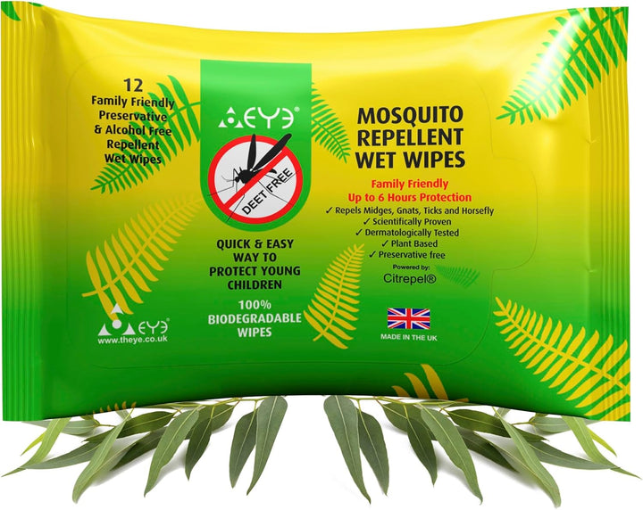 Mosquito Repellent Wipes - 100% Natural & Plant Based, Free of Deet, Alcohol & Harmful Chemicals - up to 6 Hours Insect Repellent Protection - for Sensitive Skin