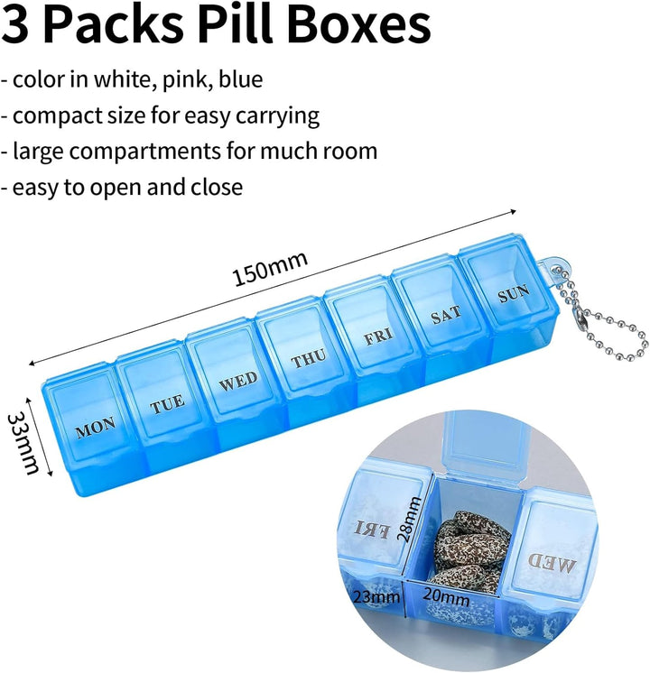 3 Pieces Pill Box Organiser Pill Dispenser Box, 7 Day Pill Box Organiser One Time a Day, Weekly Pill Box Pill Organiser for Medication, Supplements, Vitamins, Cod Liver Oil