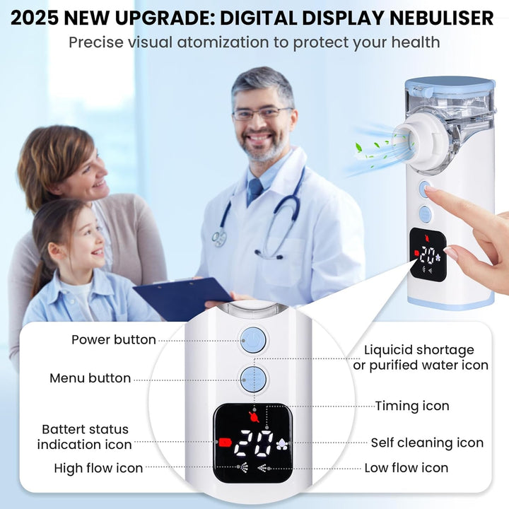 Nebuliser Machine for Adults & Kids, Portable Nebuliser for Adults Sinus Inhaler with Digital Display, Timed and Automatic Cleaning Functions Suit for Home & Travel -Blue