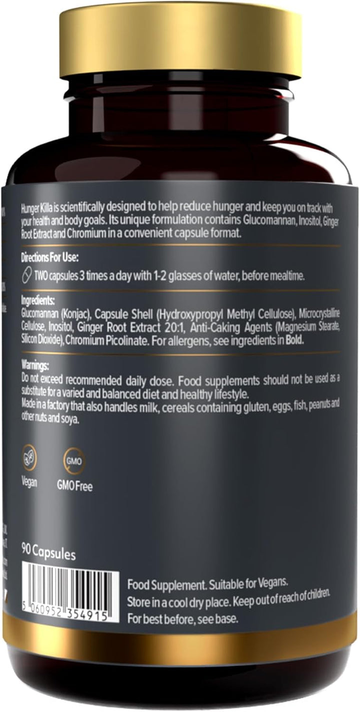 Hunger Killa, Science-Backed & Natural Appetite Suppressant, Supports Weight Loss, Feel Fuller for Longer, with Glucommanan, Inositol, Ginger Extract & Chromium, Vegan, 90 Capsules -