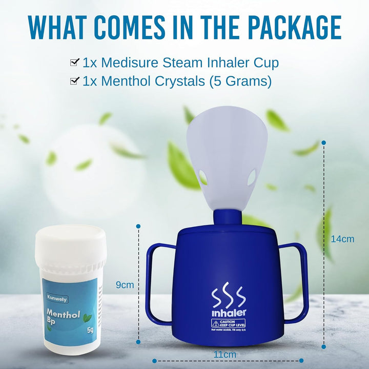 Medisure Steam Inhaler Cup with Menthol Crystals (5G), Steam Inhaler for Colds, Coughs, Flu and Blocked Nose Relief - Suitable for Adult and Kids