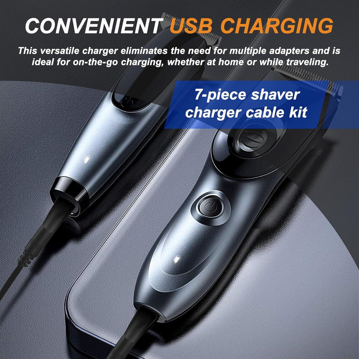 7Pcs Universal Electric Shaver Charger Kit,Usb Power Adapter Cord Replacement with 6Pcs Heads,Suitable for Electric Hair Clippers,Beard Trimmers,Shavers,Beauty Instruments,Bathroom&Travel Essential,5V