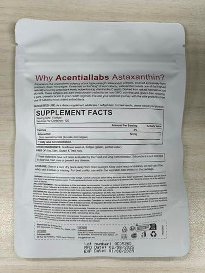 Astaxanthin 12Mg Premium Astaxanthin Antioxidant Supplements Triple Strength Skin Vitamins for Women with Antioxidant Activity Supports Eye, Joint, Skin Health No Gluten-240Pcs