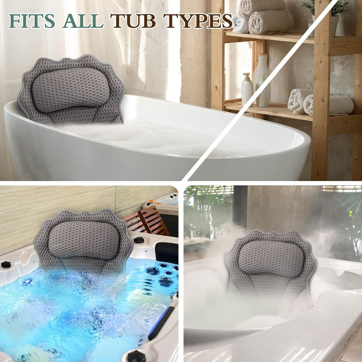 Bath Pillow  Ergonomic Luxury Bathtub Pillow with Head,Neck, Shoulder and Back Support, 4D Bath Pillows for Tub with 6 Powerful Suction Cups, Fits All Bathtub (Grey)