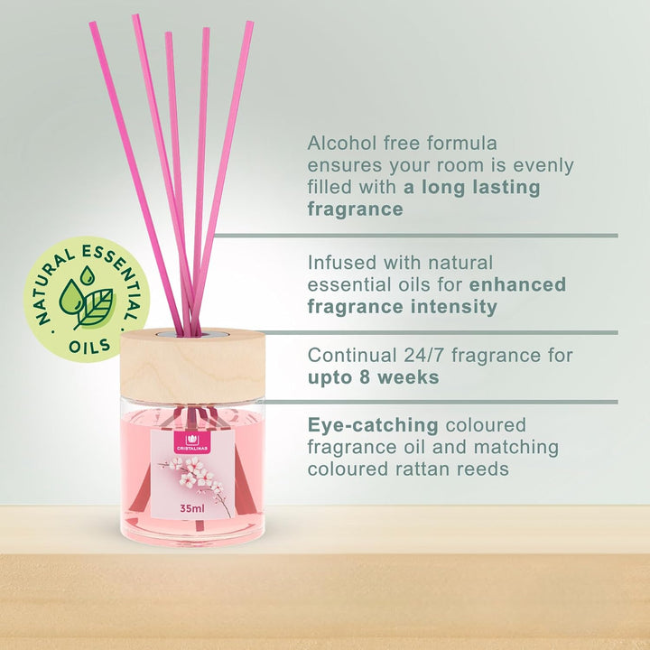 35Ml Cherry Blossom Air Fresheners for Home - Reed Diffusers for Home - Home Fragrance Lasts Upto 8 Weeks - Room Diffuser Sticks with Coloured Fragrance Oil