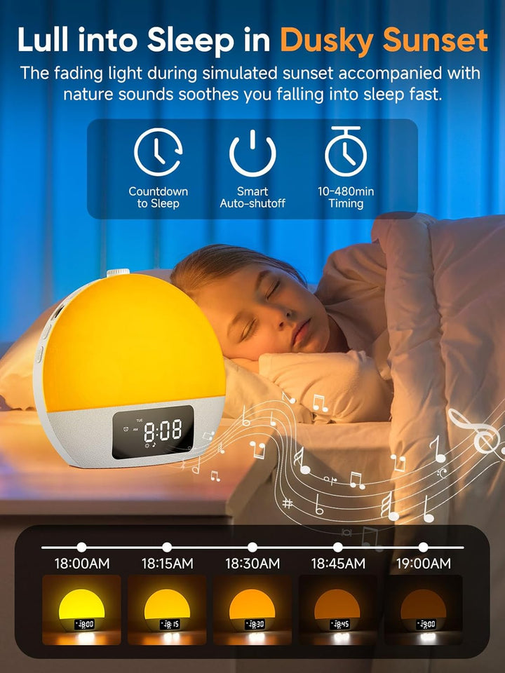 Sunrise Alarm Clock, Wake-Up Light, 9Min Snooze, Bedroom Night Lamp, 25 Soothing Sounds with 16 Volumes, Weekday/Weekend Dual Alarms, Child/Adult Sunset Alarm, Adjustable BT Party/Gathering Lamp