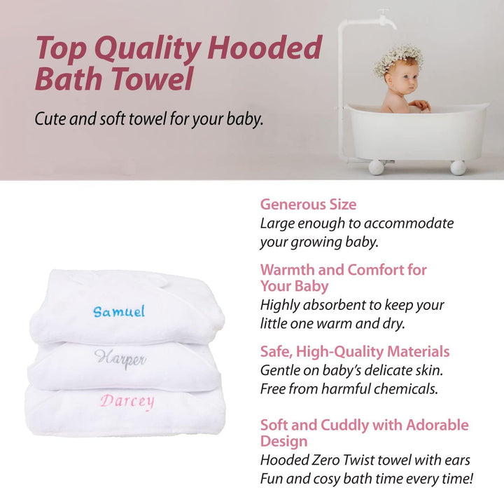 Personalised Newborn Baby Hooded Bath Towel - Soft, Cuddly, Highly Absorbent and Machine Washable Towel with Ears for Your New Baby Girl or Boy That Will Grow with Them, 75Cm X 75Cm