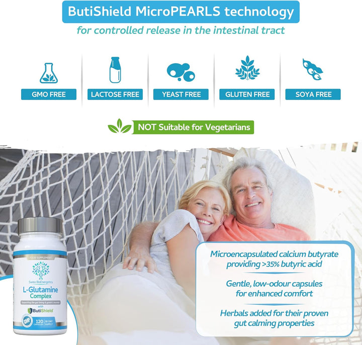 L-Glutamine Complex with Butyric Acid, Glucosamine (N-Acetyl-D), Marshmallow Root, Slippery Elm Bark, Liquorice Root, Chamomile Flower, Mastic Gum, Quercetin & Zinc - UK Made and No Artificial Nasties