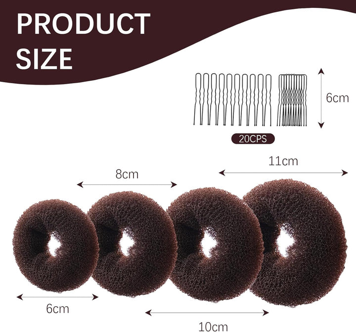 4 Pcs Ring Style Donut Bun Shaper, Hair Donut Bun Maker Set with 20 Hairpins, Hair Bundonuts, Hair Donuts Brown for Girls Kids Women DIY Chignon Hairstyles (Brown,4 Sizes)