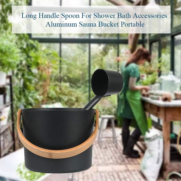 Aluminum Sauna Bucket and Ladle Set Portable,Sauna Bucket and Long Handle Ladle Cedar,Sauna Steam Water Accessories,Bath Accessories Supplies,Accessories for Sauna Steam Room(Black)