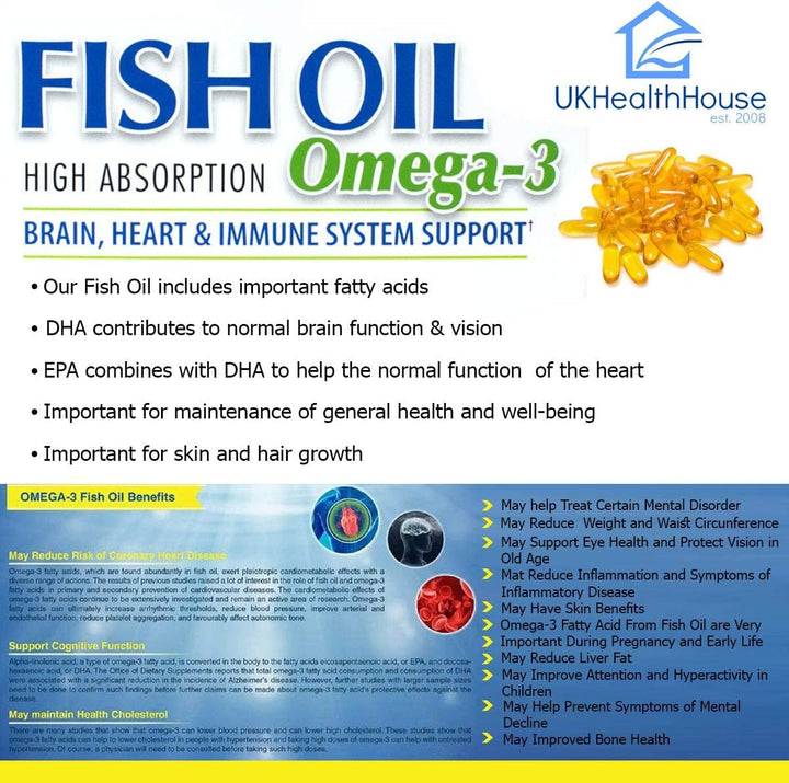Omega 3 Fish Oil 18/12-1000Mg X 90 - High Strength - with DHA & EPA - UK Health House Supplements - Omega-3 Nutritional Supplements