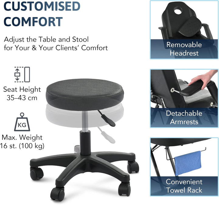 Beauty Bed Multiple Level Adjustable Steel Frame 3 Section Leather Massage Bed 150Kgs/330Lbs Max Weight Capacity Detachable Armrest and Headrest Massage Table Beauty Table (Black)