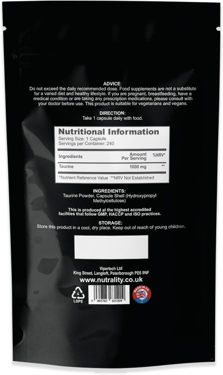 Taurine Supplement 1000Mg | Potent Energy & Endurance Support | Nutritional Amino Acid Supplements for Heart Health, Cognitive Function & Improved Sleep | Vegan | 240 Capsules