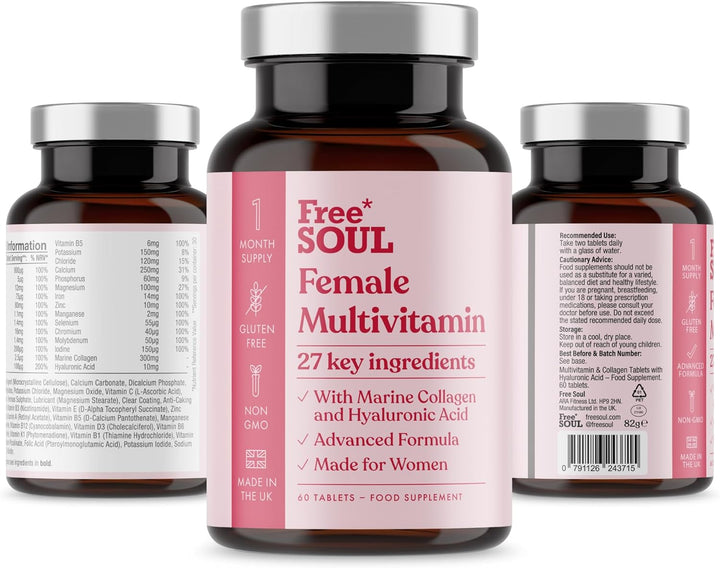 Women'S Multivitamins & Minerals with Marine Collagen & Hyaluronic Acid | 27 Essential Vitamins, Minerals, & Botanicals | Gluten-Free & No Synthetic Fillers or Binders | 60 Tablets |