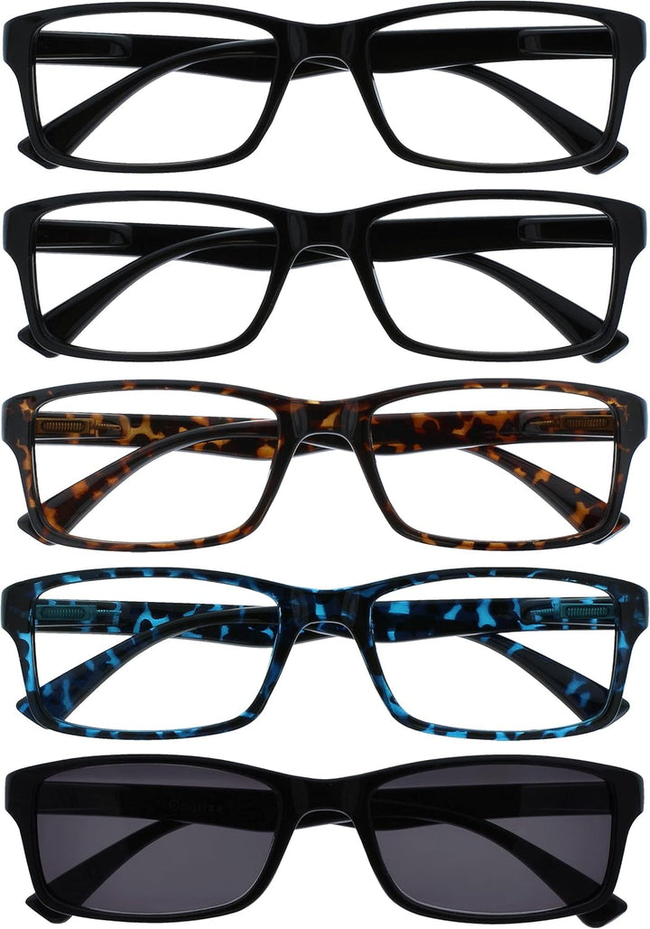 PEP Reading Glasses for Women Men, Large Rectangular Designer Frame with Spring Hinges, Scratch Resistant, Black +2 (Pack of 5)