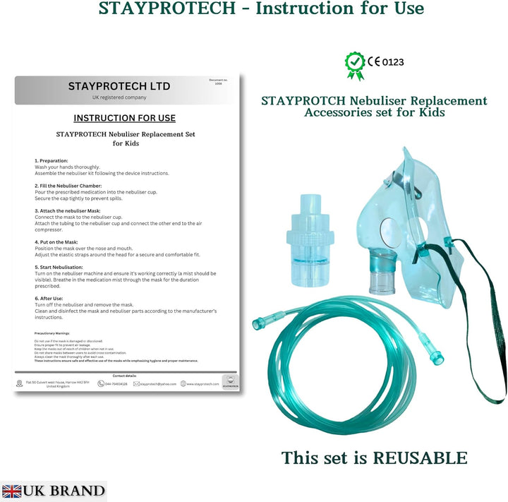 Nebuliser Replacement Set for Kids Respiratory Treatment Includes Nebuliser Chamber, 2.1M Long Tubing & Kid'S Mask, Universal Compatibility with Nebuliser Machine for Home & Travel Use.