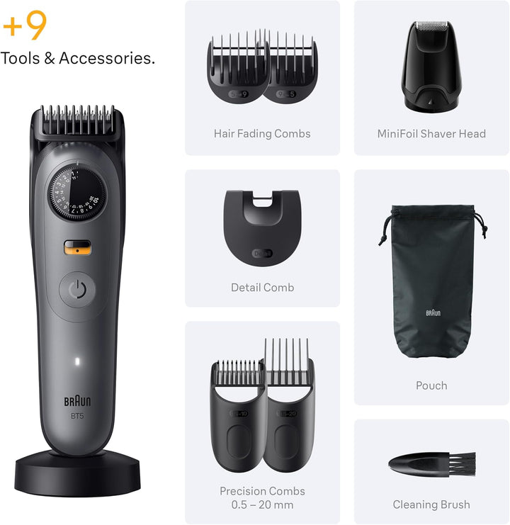 Beard Trimmer Series 5, +9 Styling Tools, Ultra Sharp Blade, 120 Min Runtime, 40 Lengths, Waterproof, Precisionwheel & Lock, BT5565, Grey