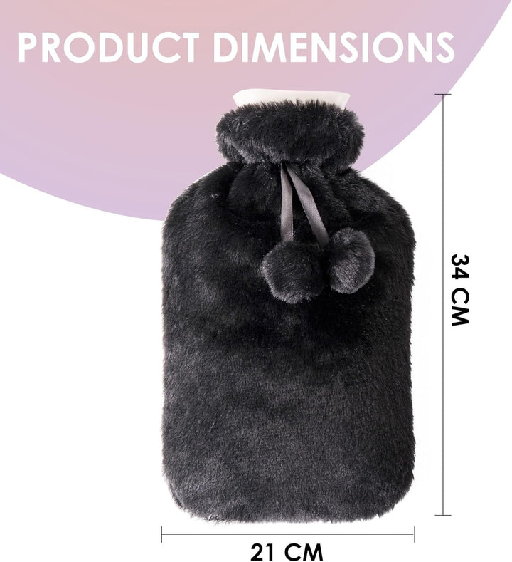 Large 2L Hot Water Bottle with Plush Cover & Bobble - Durable, Washable Heating Pad for Body Pain Relief & Cosy Nights - Perfect for Aches, Pains, and Thoughtful Gifts (Black Plush)