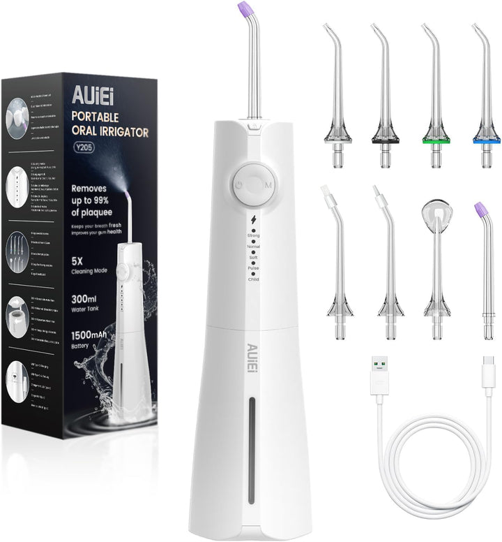 Water Flosser Pick for Teeth & Braces, 300ML Cordless Power Dental Flossers with 8 Jet Tips, Oral Irrigator 5 Use Modes, IPX7 Waterproof, Portable for Home Travel