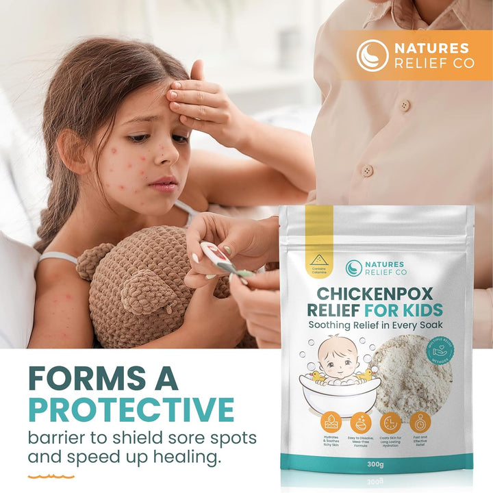 Chickenpox Relief Treatment | Colloidal Oatmeal & Calamine | Oatmeal Bath Soak for Chicken Pox Relief Kids - Colloidal Oatmeal Bath for Itchy Skin and Pain Relief | Made in UK | 300G