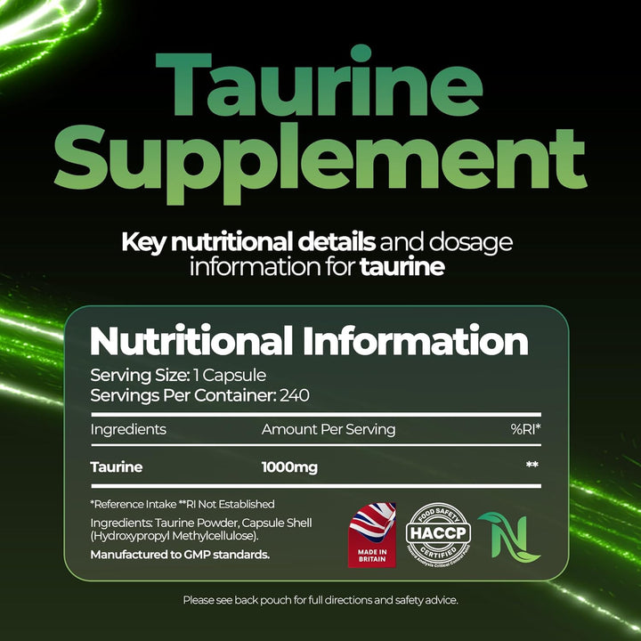 Taurine Supplement 1000Mg | Potent Energy & Endurance Support | Nutritional Amino Acid Supplements for Heart Health, Cognitive Function & Improved Sleep | Vegan | 240 Capsules