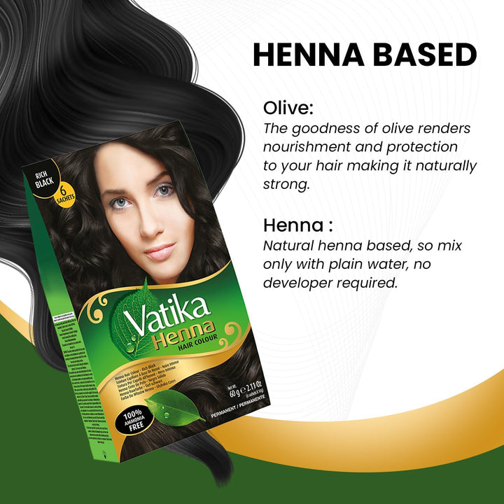 Henna Rich Black Hair Colour - 60G (6 X 10G Sachets), 100% Ammonia Free, for Vibrant Color, Shine, & Coverage (Packaging May Vary)