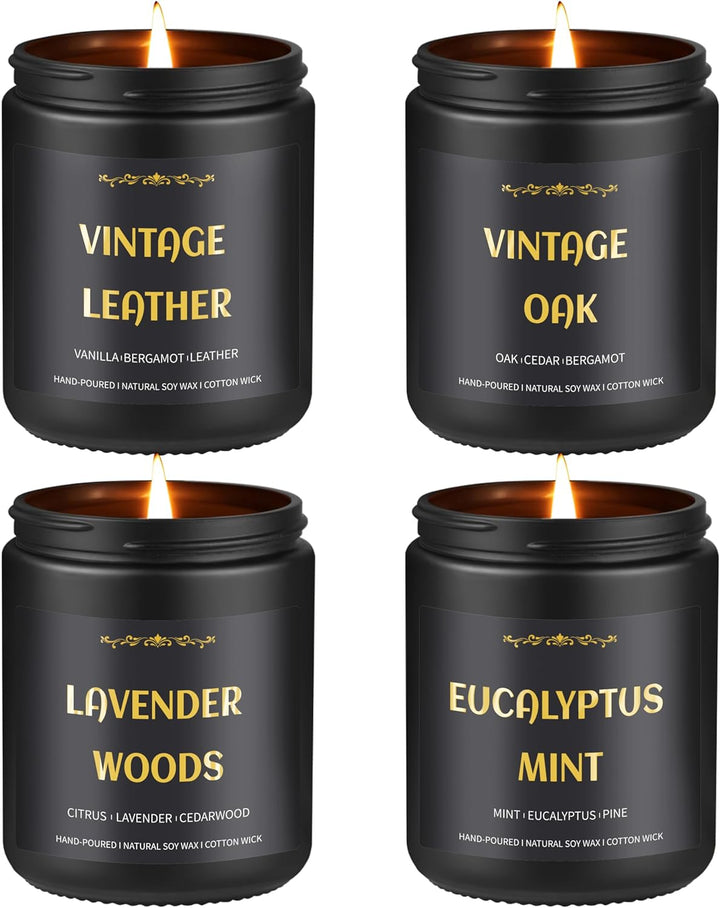 Scented Candles for Men, 4 Pack Mens Candle Set, Soy Candles for Home Scented, Masculine Candle for Him, 28Oz, 200 Hours Burning Time Aromatherapy Candles of Lavender/Eucalyptus/Leather/Oak