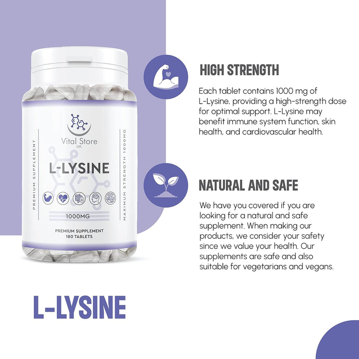 L-LYSINE 1000MG - 180 Vegan Tablets - 6 Month Supply - High Strength Essential Amino Acid