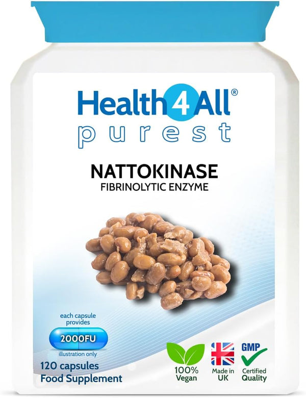 Nattokinase 2000FU per Capsule, 120 Capsules 4 Month Supply, Purest Vegan Protein Enzyme from Japanese Natto, High Strength Cardiovascular Health Support Nattokinase Supplement | Made in UK