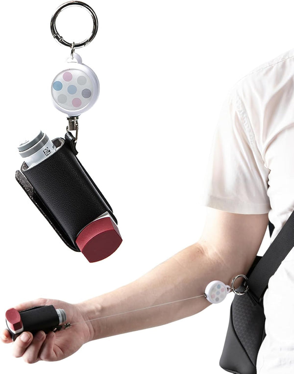 Asthma Inhaler Holder Keychain Retractable Clip PU Leather Portable Travel Handy Holder for Kids and Adults, Inhaler Not Included (Black)
