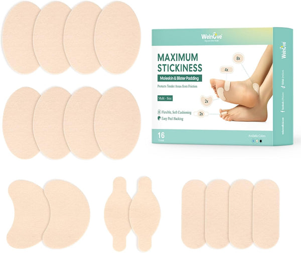 Moleskin Plasters for Feet - (16 Pcs) Blister Prevention for Calluses - Hiking & Running Relief for Painful Rubbing, Hypoallergenic and Waterproof