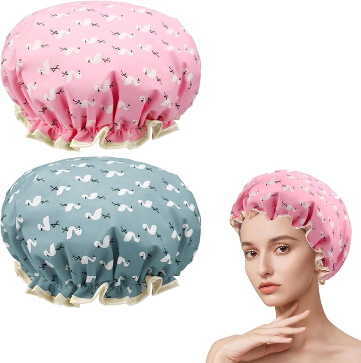 Pack of 2 | Shower Caps for Women, Double Layers Waterproof Bath Caps with Elastic Band, Reusable Shower Hat for Keeping Hair Dry Kitchen Oil-Proof Cap for Adults and Children