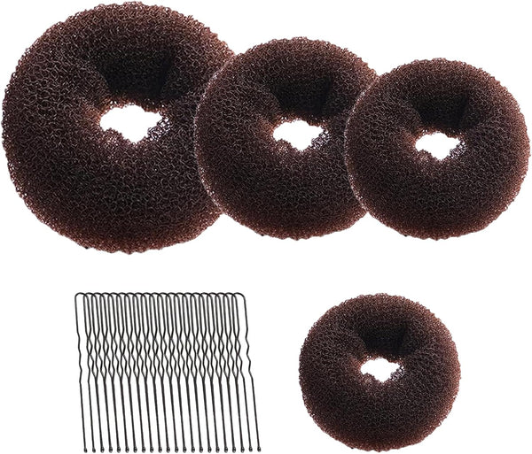 4 Pcs Ring Style Donut Bun Shaper, Hair Donut Bun Maker Set with 20 Hairpins, Hair Bundonuts, Hair Donuts Brown for Girls Kids Women DIY Chignon Hairstyles (Brown,4 Sizes)
