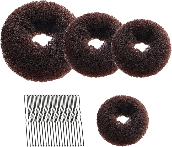 4 Pcs Ring Style Donut Bun Shaper, Hair Donut Bun Maker Set with 20 Hairpins, Hair Bundonuts, Hair Donuts Brown for Girls Kids Women DIY Chignon Hairstyles (Brown,4 Sizes)