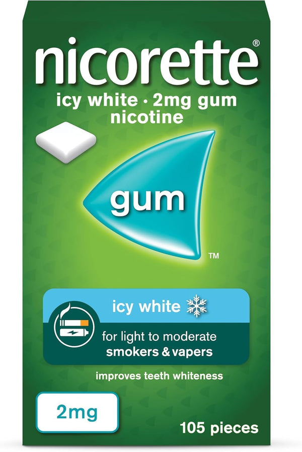 Icy White 2Mg Gum (105 Pieces), Discreet Stop Smoking and Stop Vaping Aid to Help You Quit for Good, Tackle Cravings and Withdrawal Symptoms, Nicotine Gum (Quit Smoking or Vaping)