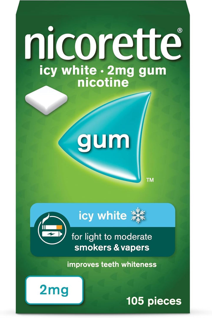 Icy White 2Mg Gum (105 Pieces), Discreet Stop Smoking and Stop Vaping Aid to Help You Quit for Good, Tackle Cravings and Withdrawal Symptoms, Nicotine Gum (Quit Smoking or Vaping)
