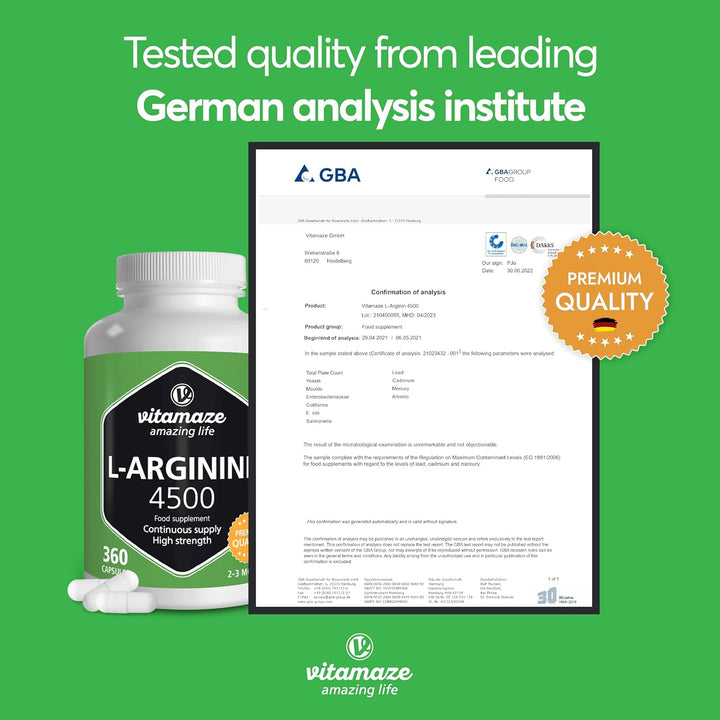 L-Arginine High Strength 4500 Mg per Daily Dosage - 360 Capsules of 750 Mg - Sport Performance Booster - Natural Supplement of Pure L Arginine without Additives, German Quality- Vitamaze