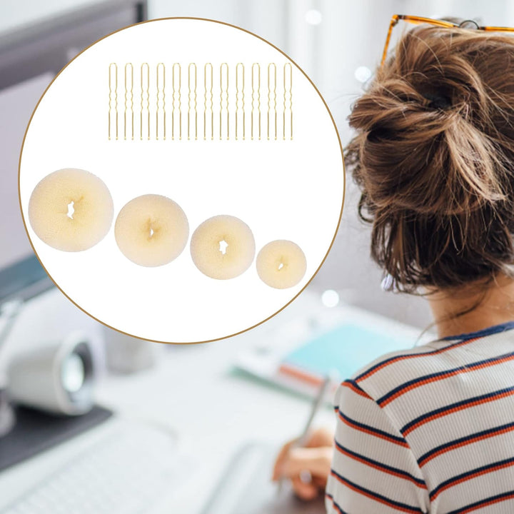 4Pcs Hair Donut Hair Bun Shaper Set,Chignon Bun Maker Hairring Style Accessories for Dancer Ballet Girls,4 Sizes Beige Donut Bun Maker and 12Pcs Golden Bobby Pins,Doughnut Bun Hairaccessories