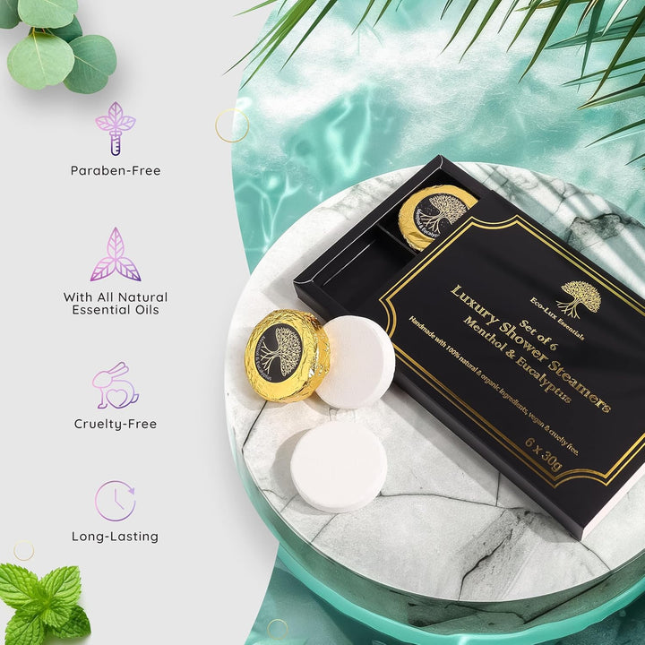 Luxury Shower Steamers for Men & Women – 6 Pack Menthol & Eucalyptus Aromatherapy Shower Bombs – Natural, Vegan Shower Melts for Stress Relief & Congestion – Spa Gift Set for Her, Him, Mom