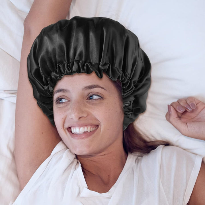 2 Pieces Adjustabl Bonnet, 36Cm Double Sided Satin Sleep Caps Night Sleep Hat for All Hair Lengths Women Curly Natural Hair Head Cover(Black+Pink)