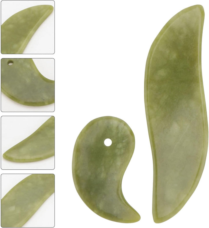 2Pcs Natural Jade Gua Sha Board Set, Face Massage Plates 5.8X3.4Cm 11.3X3.2Cm, Green Jade Facial Scraping Tool for Skin Sculpting and Relaxation