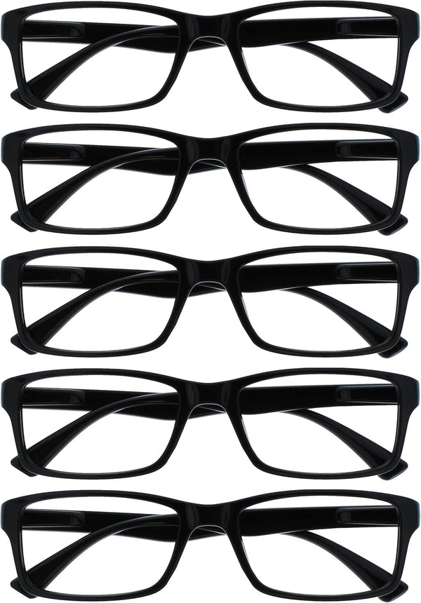 PEP Reading Glasses for Women Men, Large Rectangular Designer Frame with Spring Hinges, Scratch Resistant, Black +2 (Pack of 5)