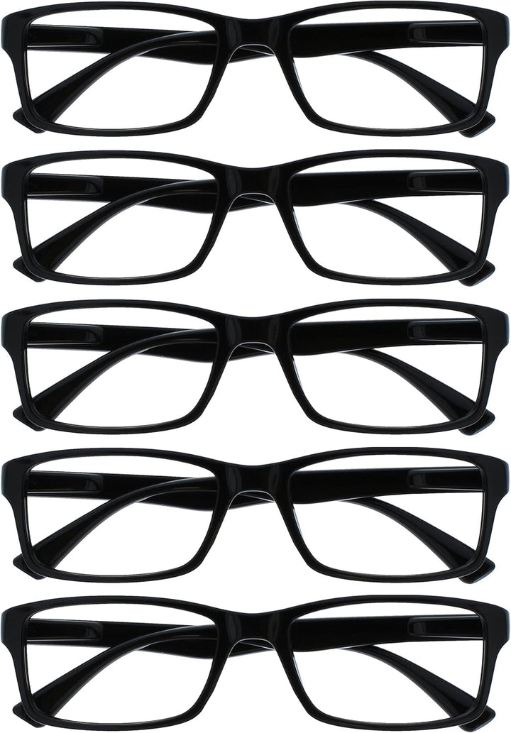 PEP Reading Glasses for Women Men, Large Rectangular Designer Frame with Spring Hinges, Scratch Resistant, Black +2 (Pack of 5)