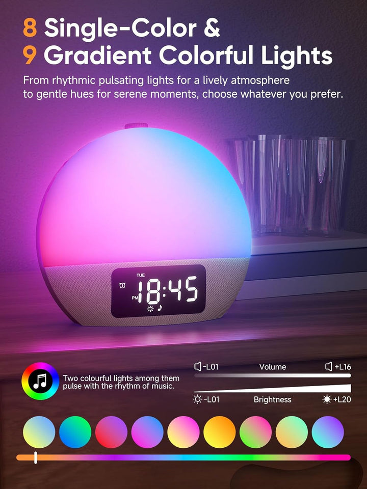 Sunrise Alarm Clock, Wake-Up Light, 9Min Snooze, Bedroom Night Lamp, 25 Soothing Sounds with 16 Volumes, Weekday/Weekend Dual Alarms, Child/Adult Sunset Alarm, Adjustable BT Party/Gathering Lamp