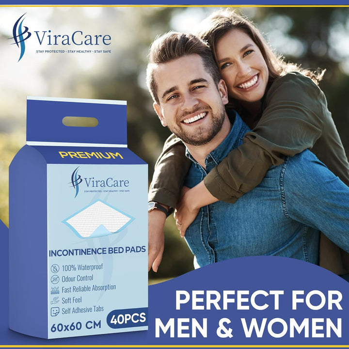40 X Premium Incontinence Bed Pads | 60 X 60 Cm | Incontinence Bed Sheets | Disposable Mattress Protector | Self Adhesive Tabs | Absorbent Pads | (1 Pack of 40)
