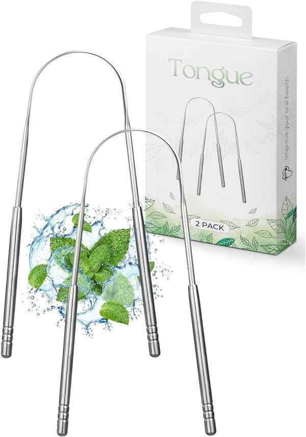 Tongue Scraper, 2 U-Shaped - Tongue Cleaner Stainless Steel, Optimal Oral Hygiene - Fresh Breath & Healthy Mouth Tongue Scrapers for Adults & Kids